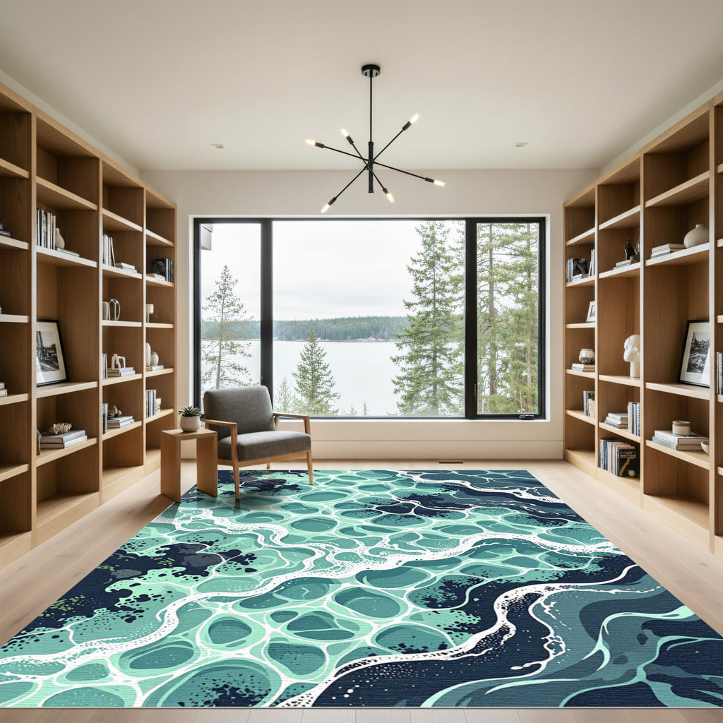 Teal Abstract Ocean Wave Ripples Rug
