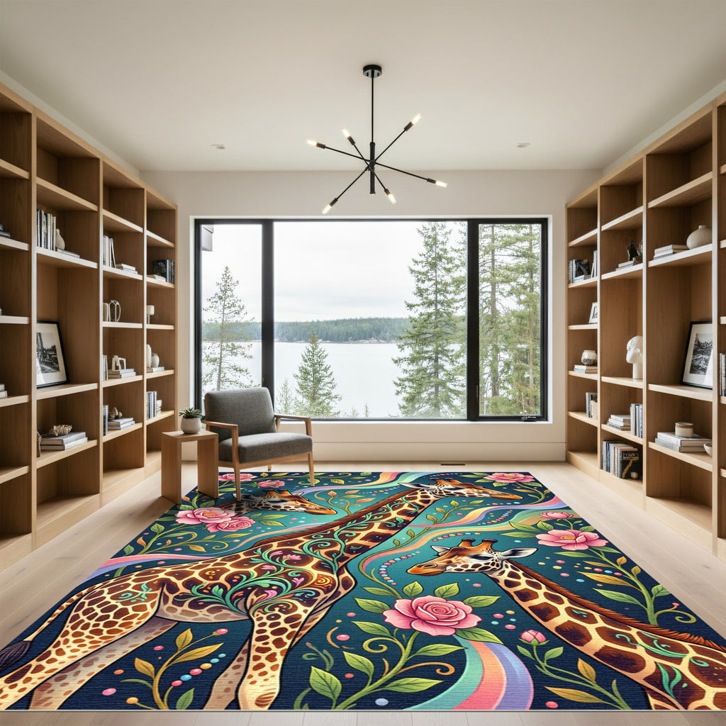 Whimsical Giraffe Floral Rainbow Art Rug