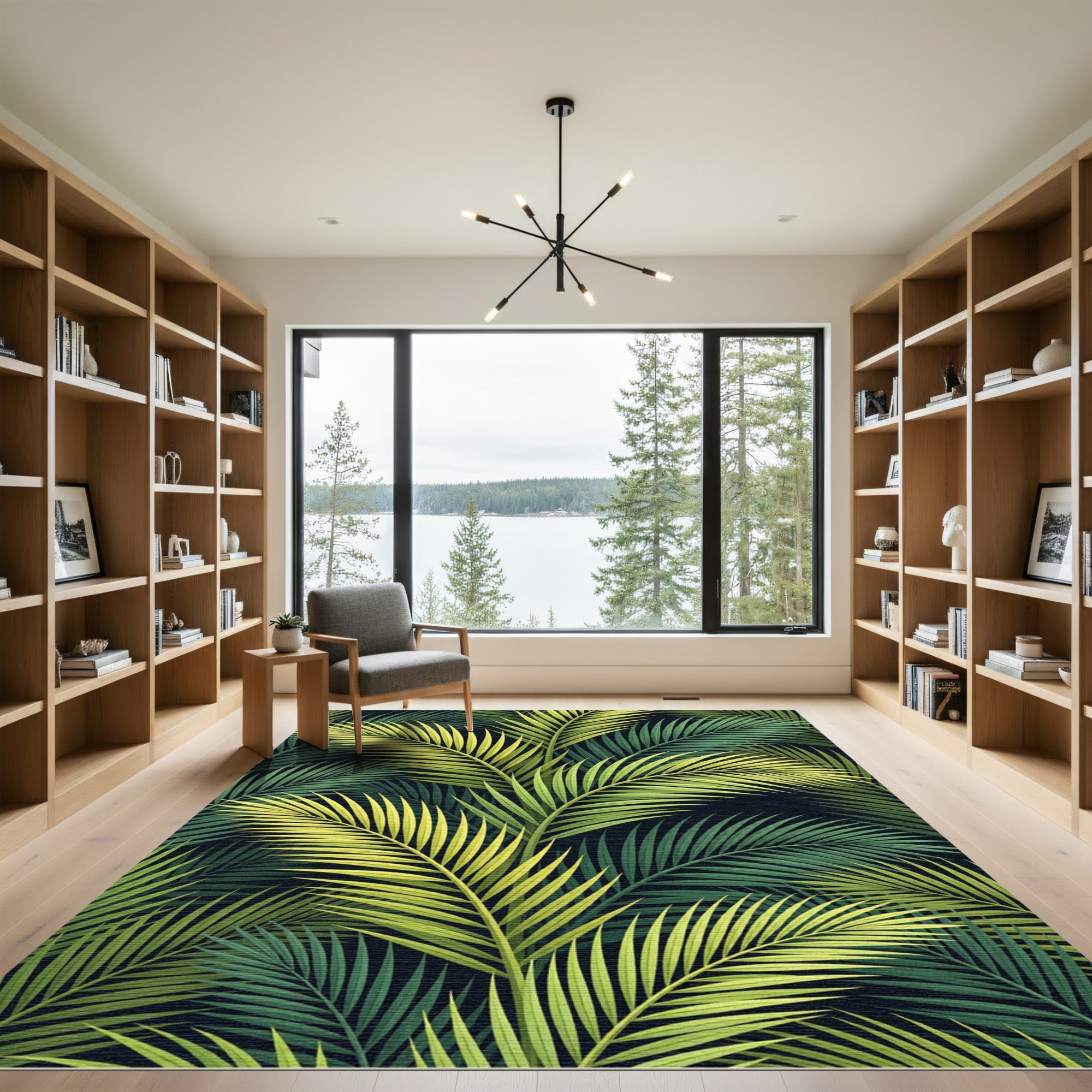 Vibrant Green Palm Fronds Botanical Rug