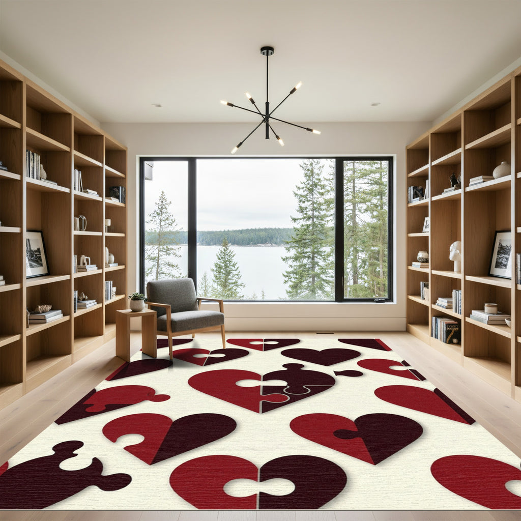 Deep Crimson Linked Heart Puzzle Rug