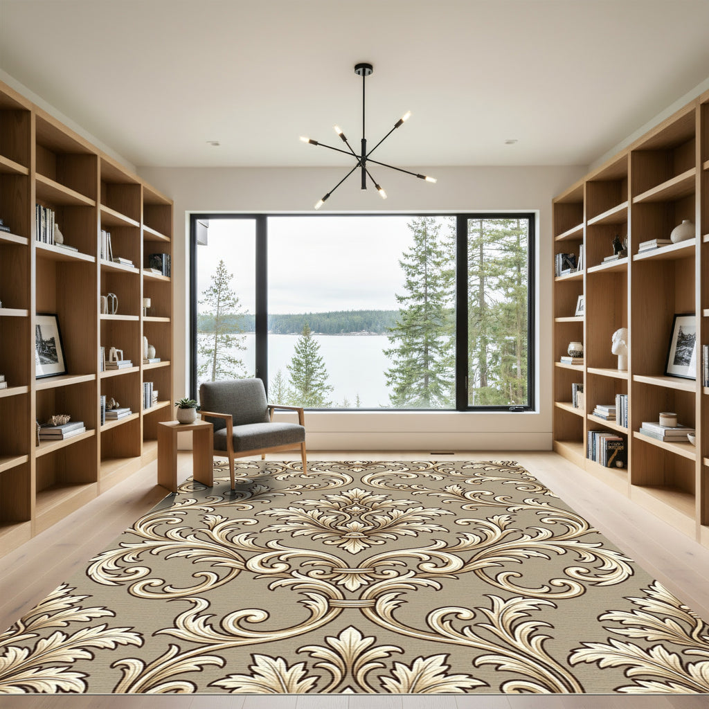 Elegant Taupe Damask Scroll Floral Rug