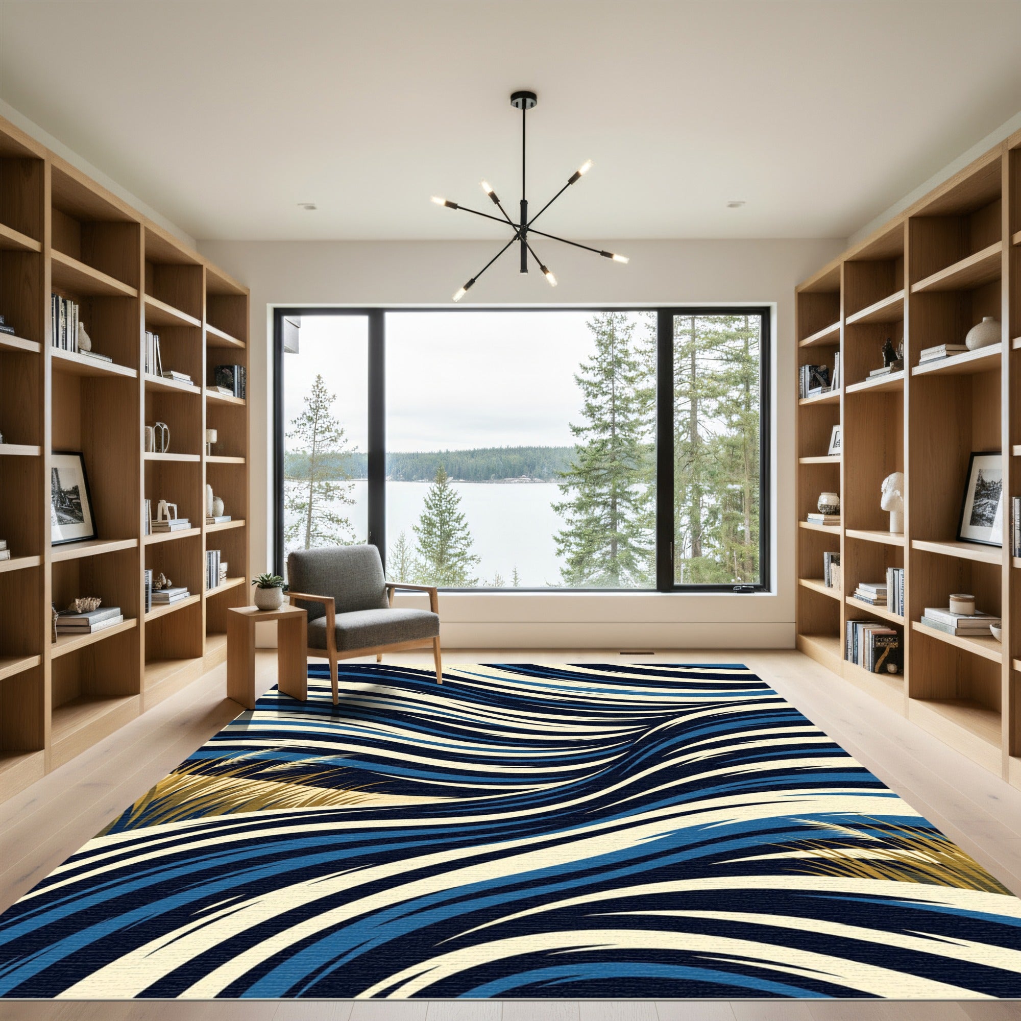 Bold Blue Golden Grass Abstract Waves Rug
