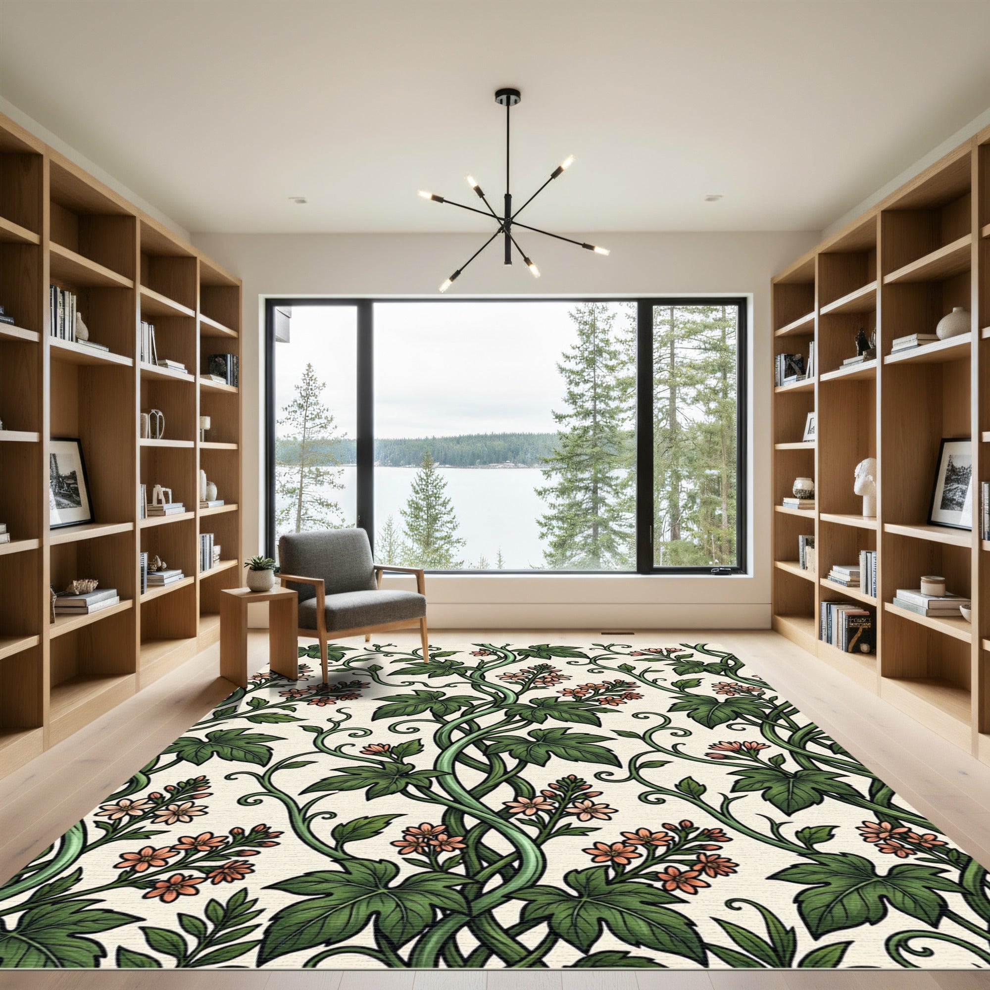 Elegance Green Vine Salmon Floral Scroll Rug