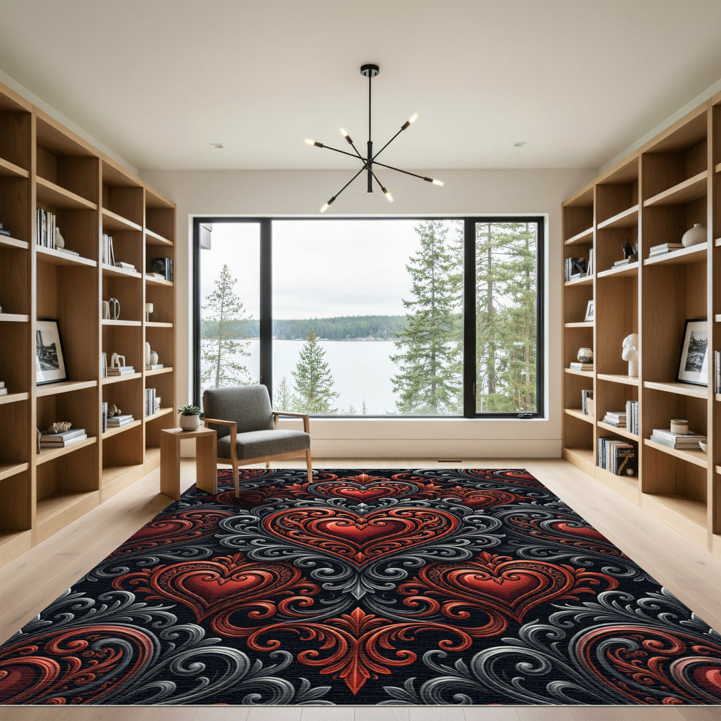 Ornate Red Heart Baroque Swirl Rug