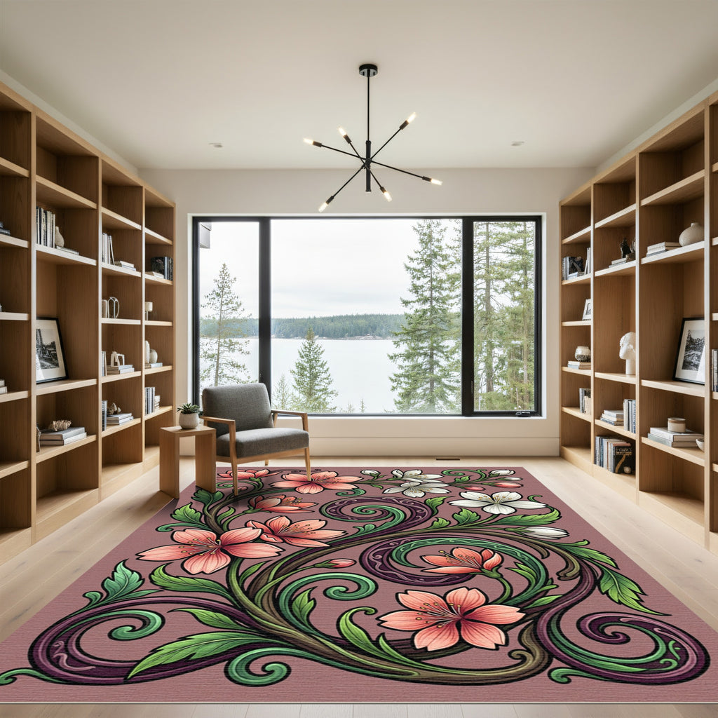 Elegant Cherry Blossom Scroll Floral Illustration Rug