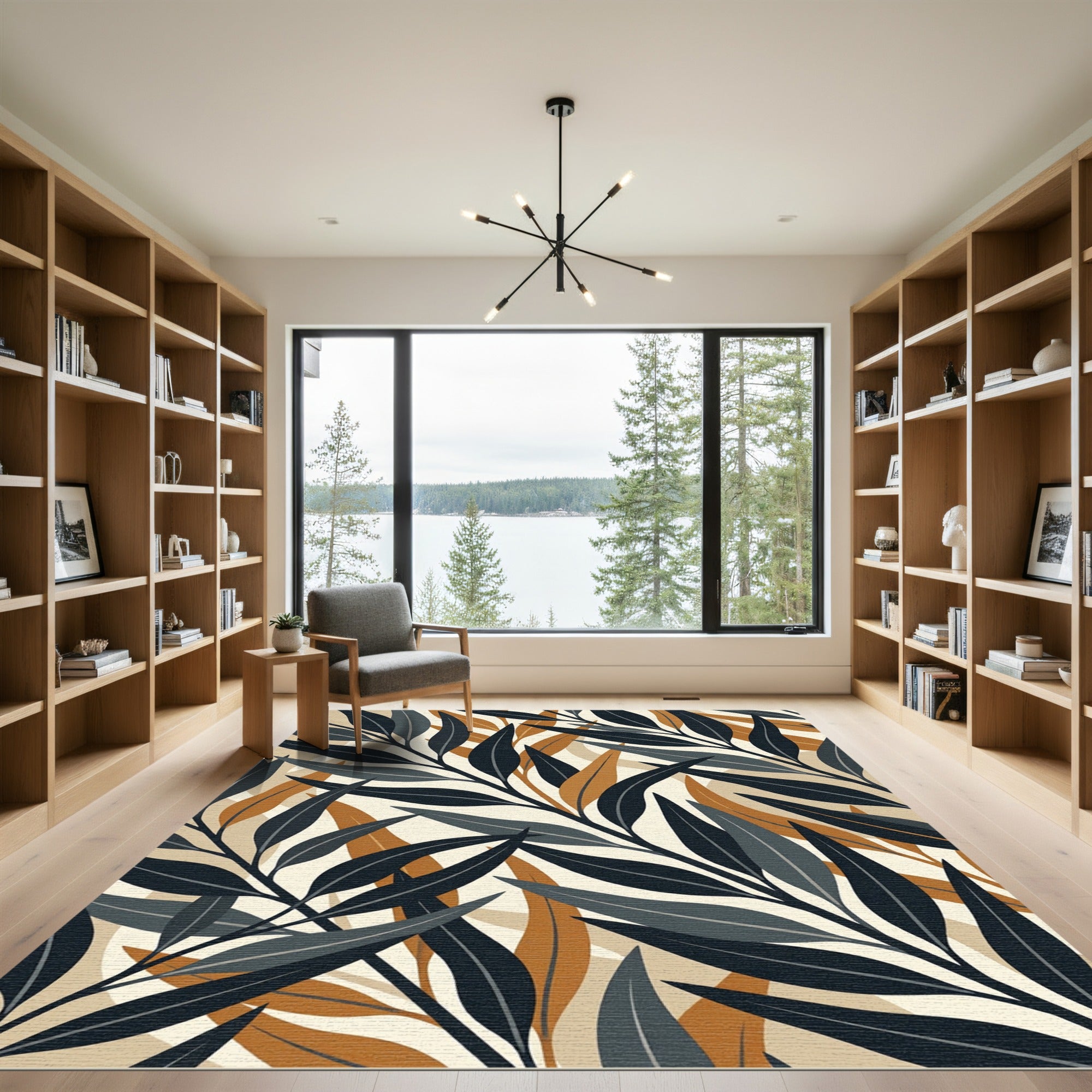 Modern Navy and Ochre Leaf Art Rug