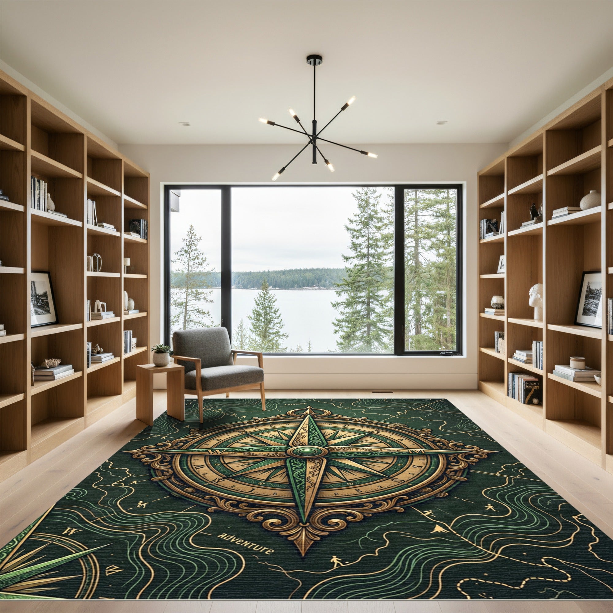 Ornate Compass Gold Forest Green Art Rug