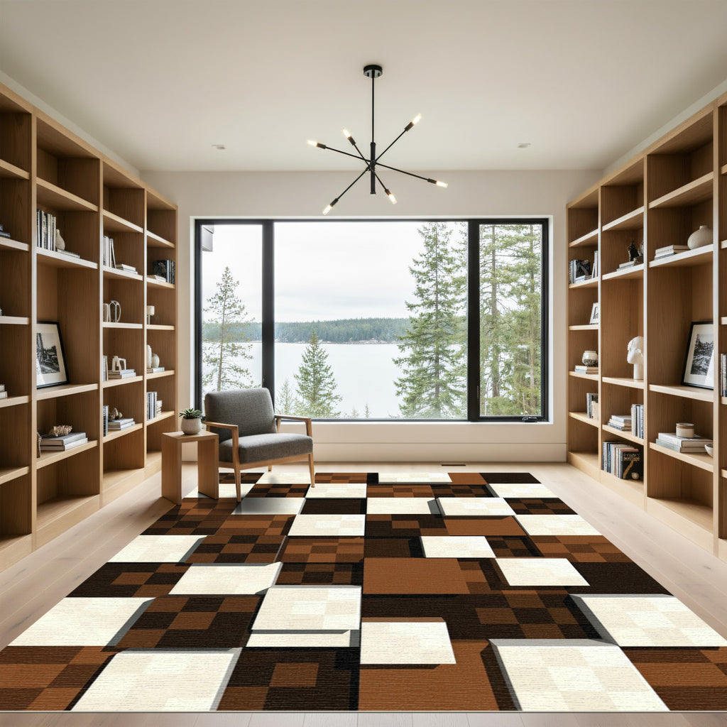Brown White Tonal Checkerboard Squares Rug