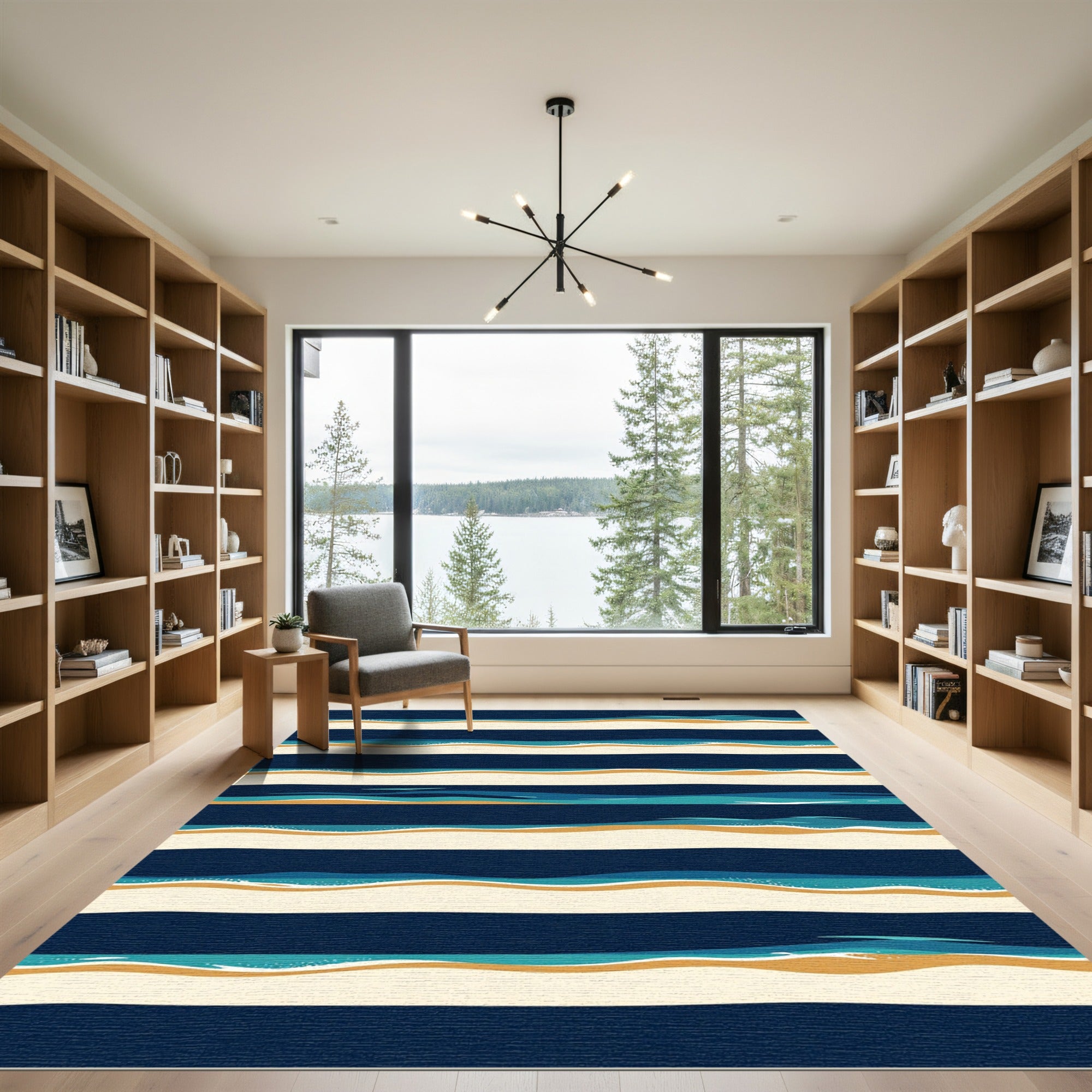 Modern Navy Blue Coastal Wave Stripe Rug