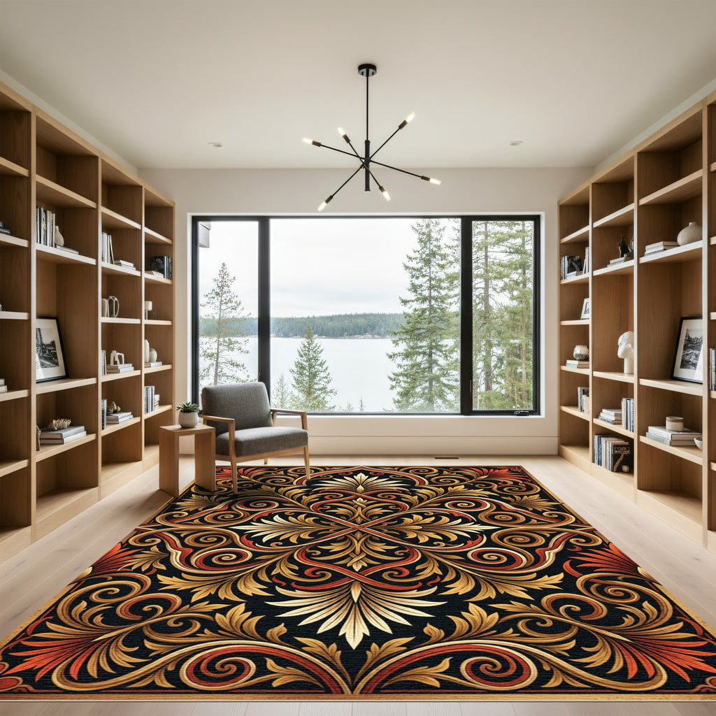 Elegant Golden Scroll Damask Art Rug