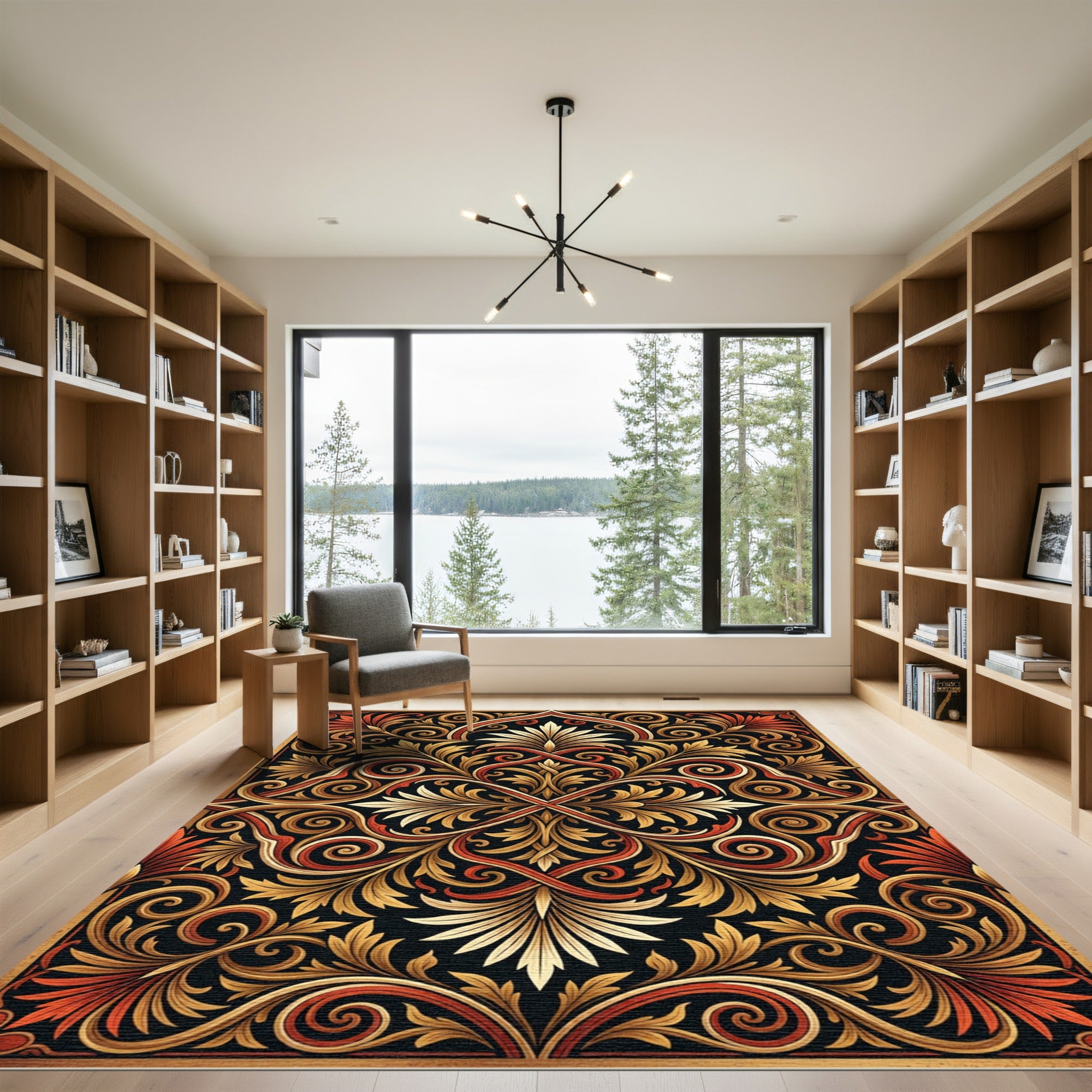 Elegant Golden Scroll Damask Art Rug