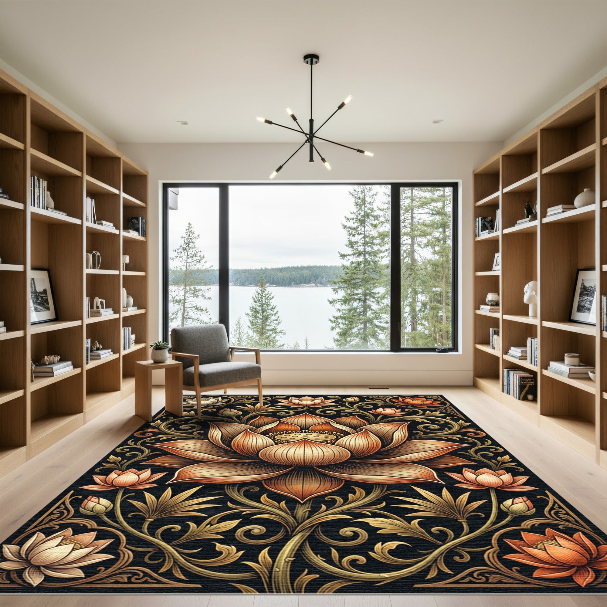 Ornate Golden Lotus Botanical Art Rug