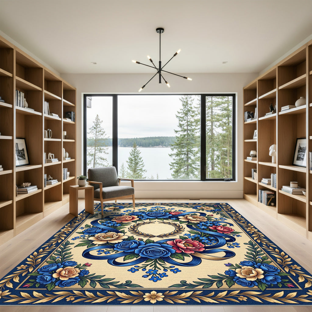 Navy Blue Floral Wreath Ribbon Rug