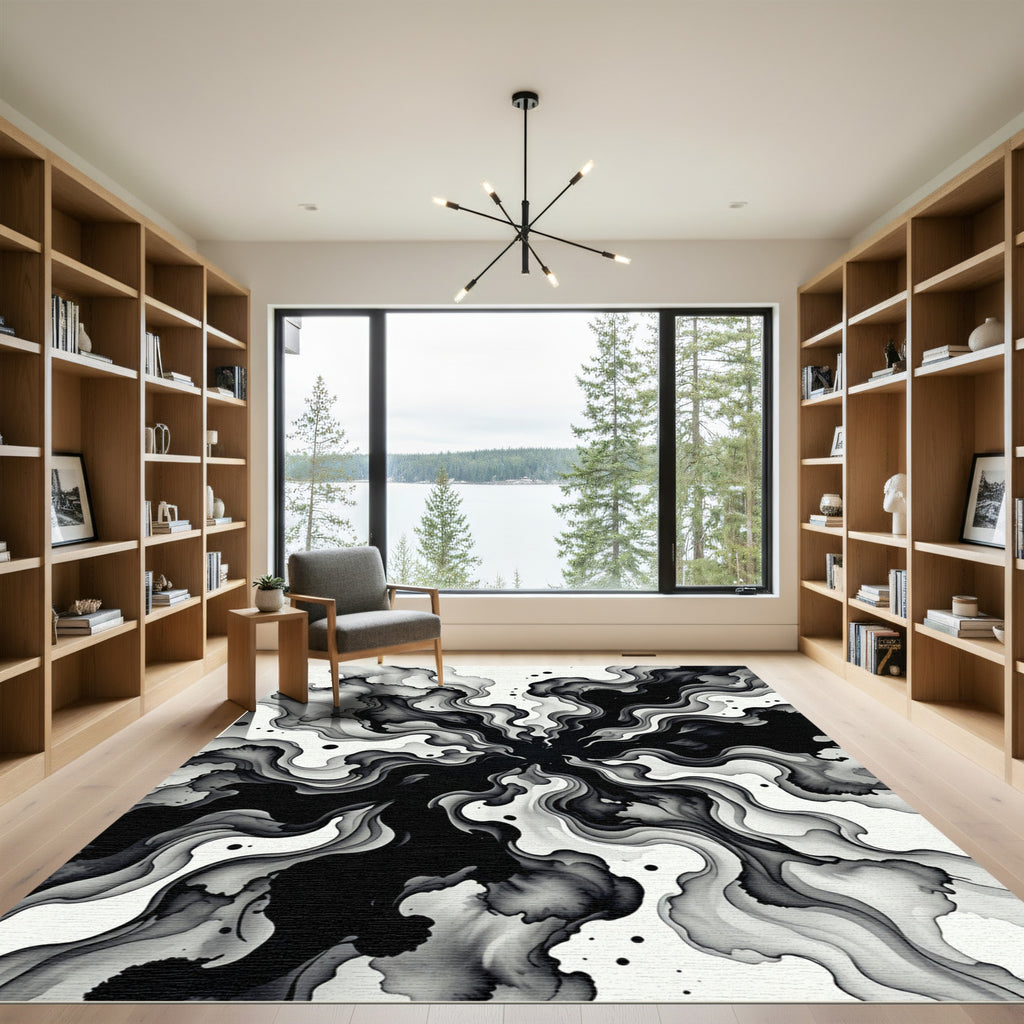 Monochrome Abstract Ink Flow Swirl Rug