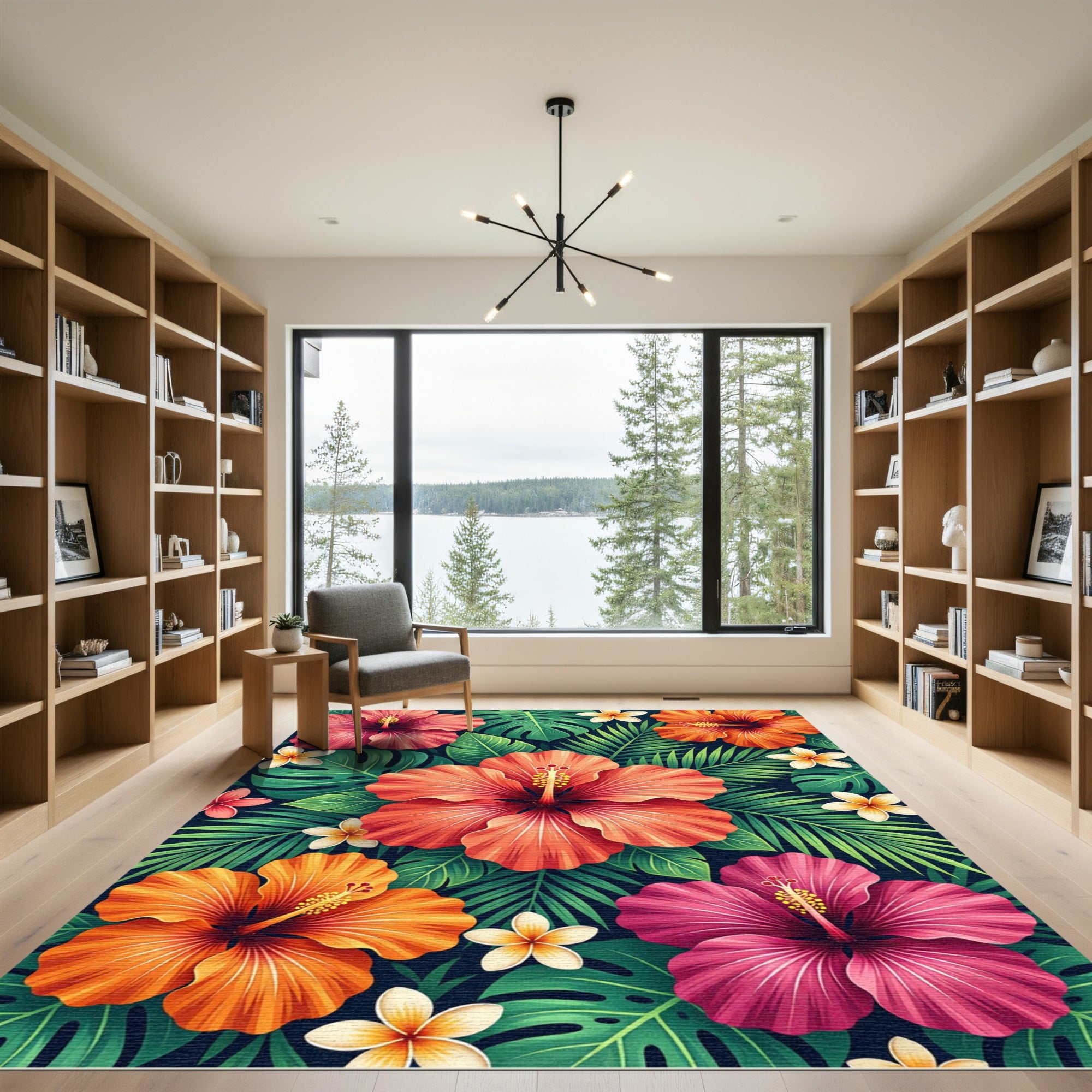 Lush Hibiscus Tropical Floral Foliage Rug