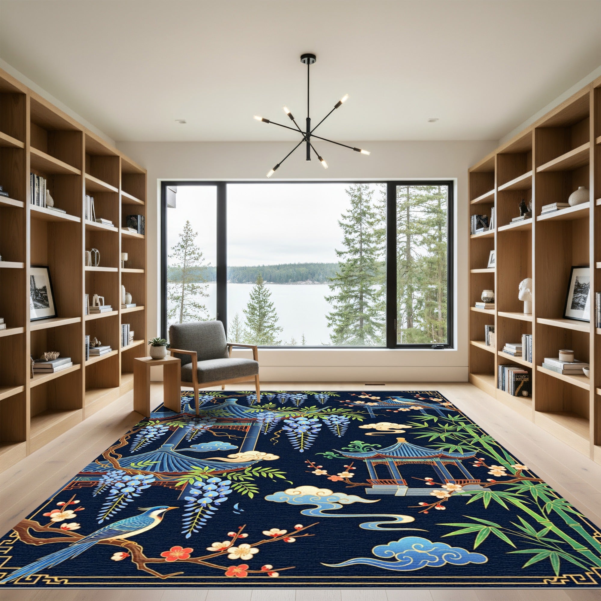 Chinoiserie Pavilion Wisteria Blue Garden Rug