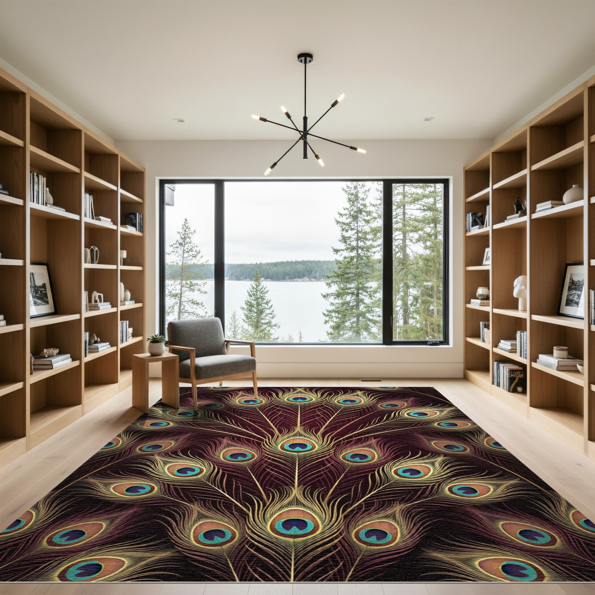 Opulent Midnight Golden Peacock Feather Rug
