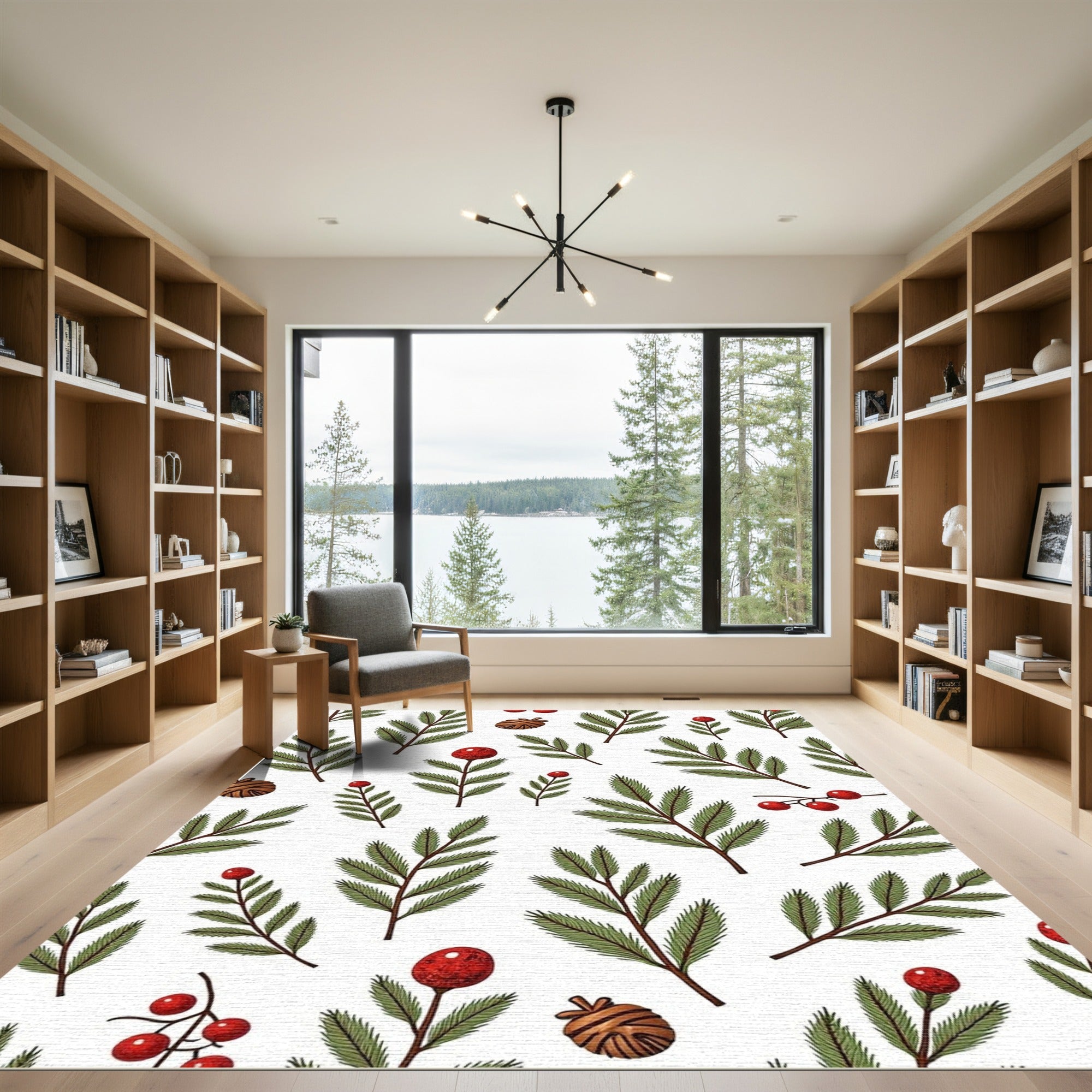 Green Pine Sprigs Red Berries Cones Rug