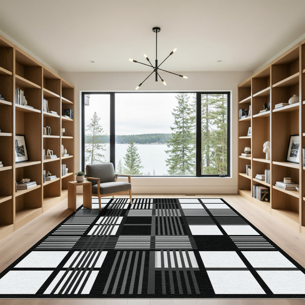 Monochrome Striped Geometric Grid Rug