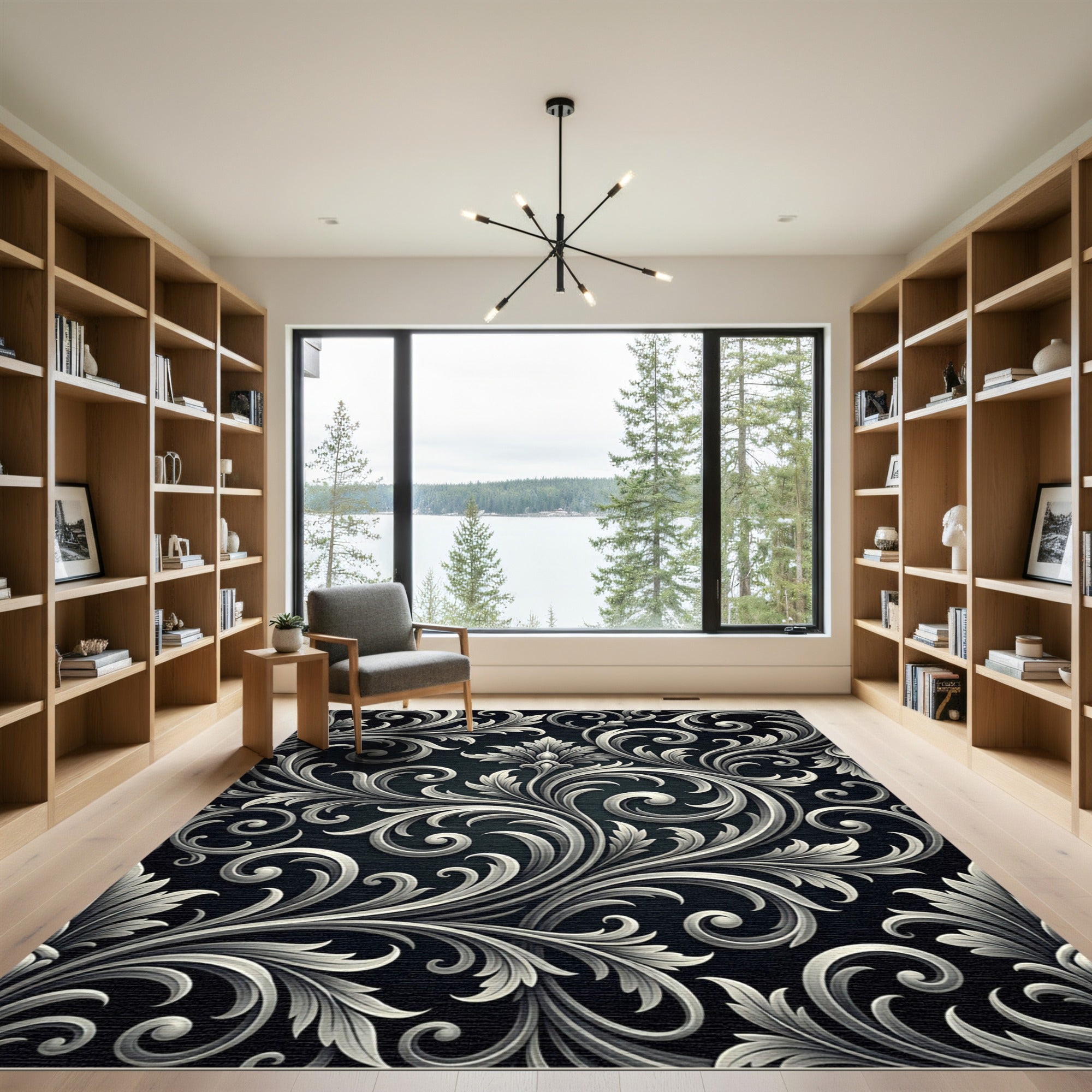Elegant Silver Ornate Baroque Scroll Rug