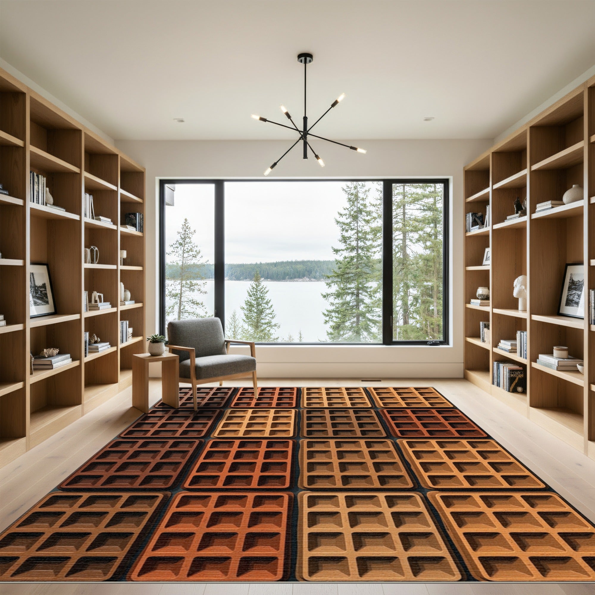 Shaded Brown Tonal Geometric Grid Rug
