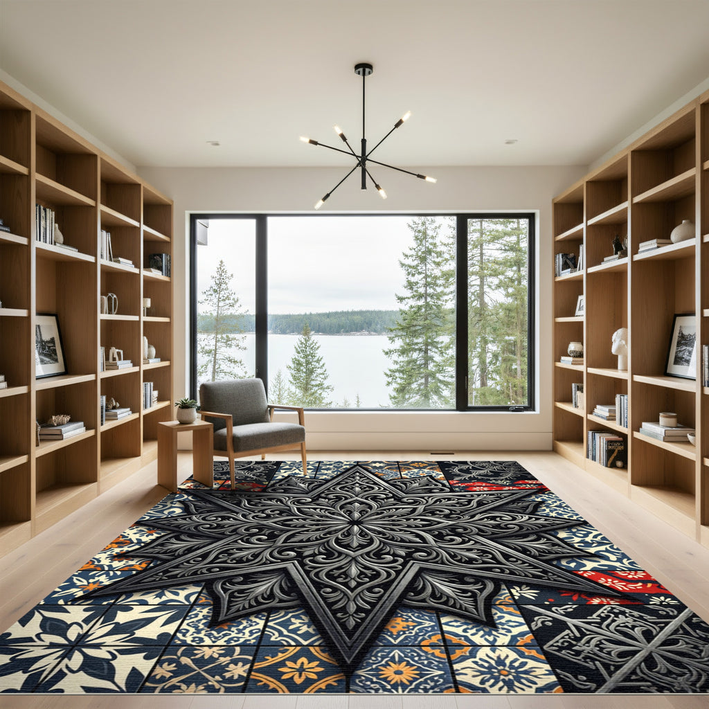 Ornate Silver Star and Floral Tile Rug