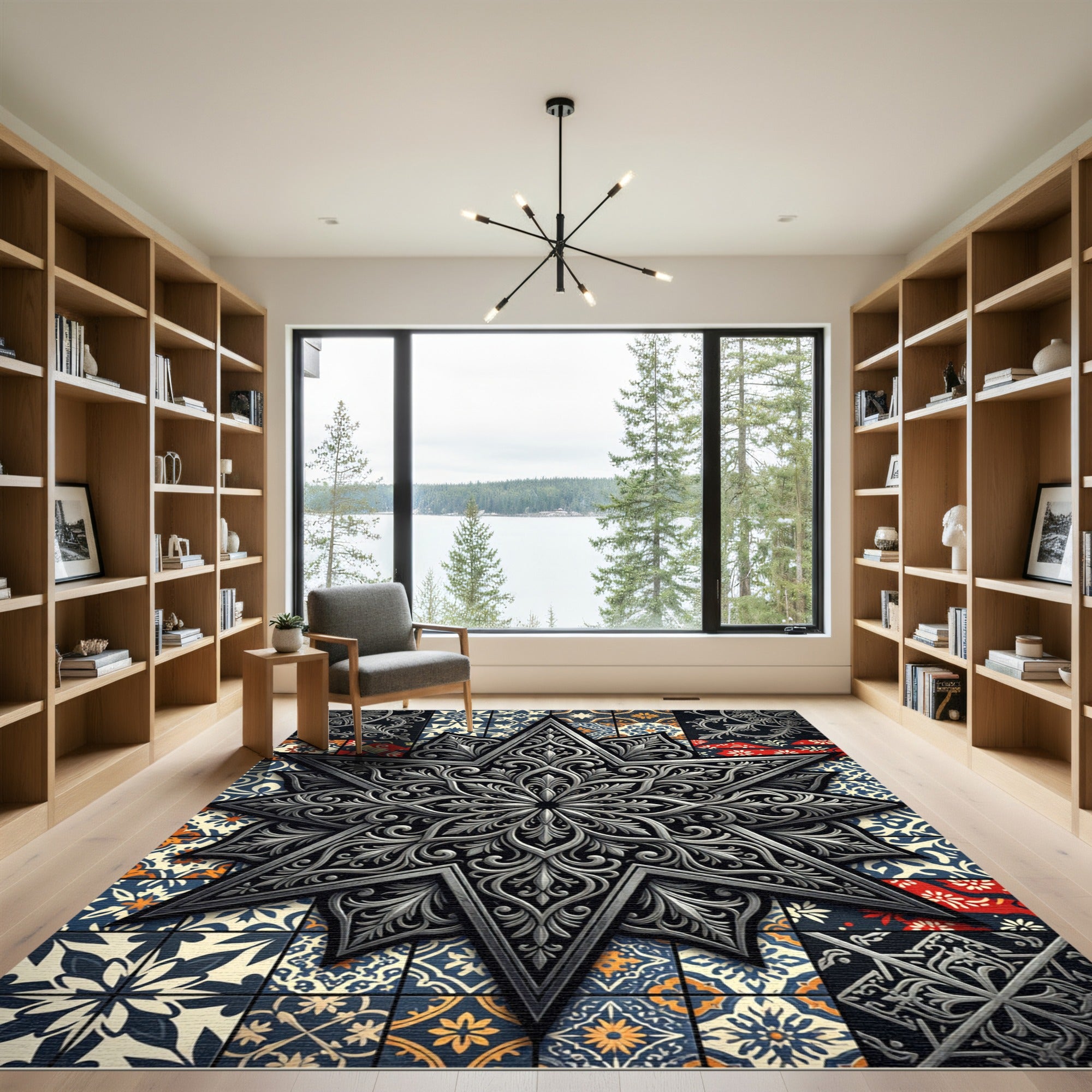 Ornate Silver Star and Floral Tile Rug