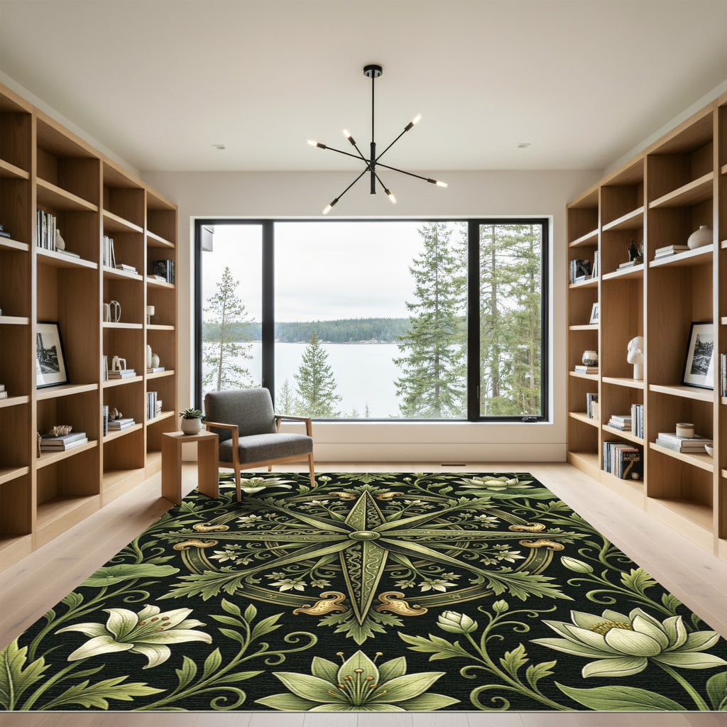 Sage Green Botanical Compass Floral Medallion Rug