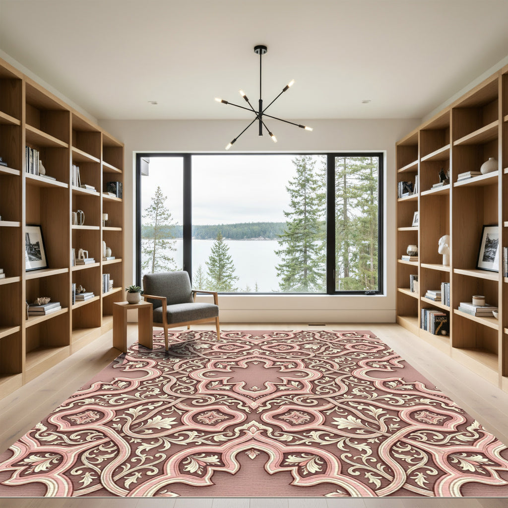 Ornate Rose Gold Arabesque Floral Rug