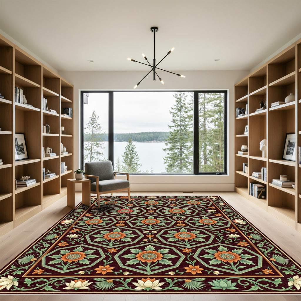 Elegant Crimson Hexagonal Floral Garden Rug