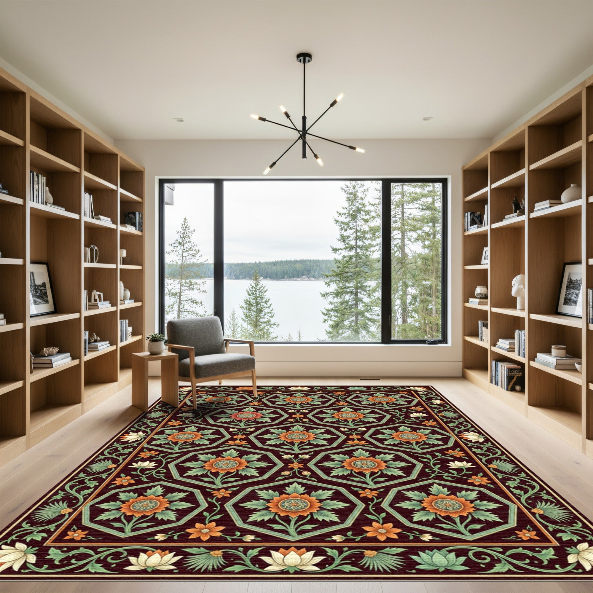 Elegant Crimson Hexagonal Floral Garden Rug