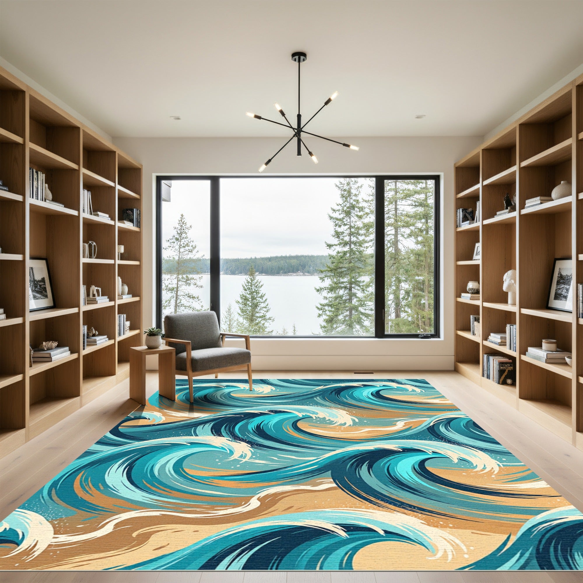 Dynamic Blue Ocean Wave Art Rug