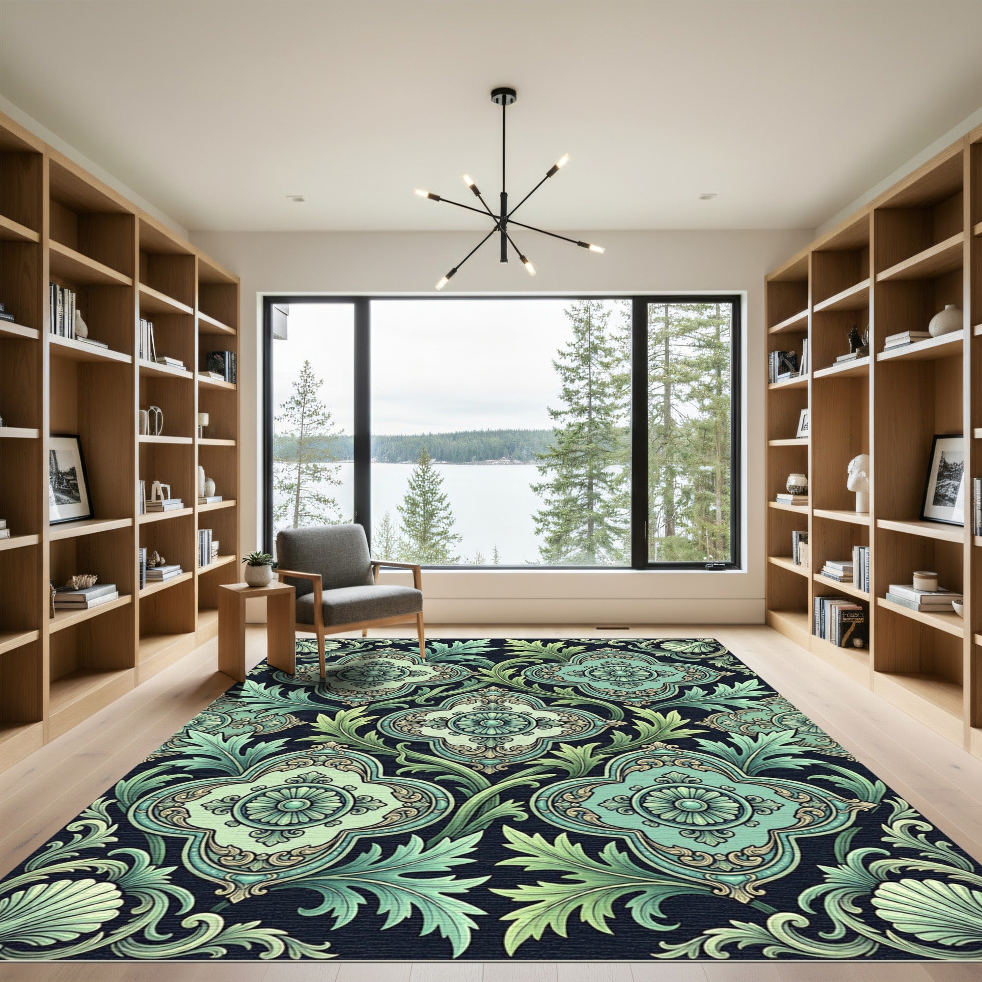 Emerald Green Floral Damask Rug