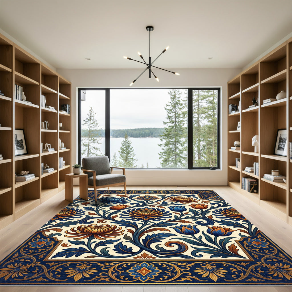 Midnight Blue Golden Floral Tapestry Rug