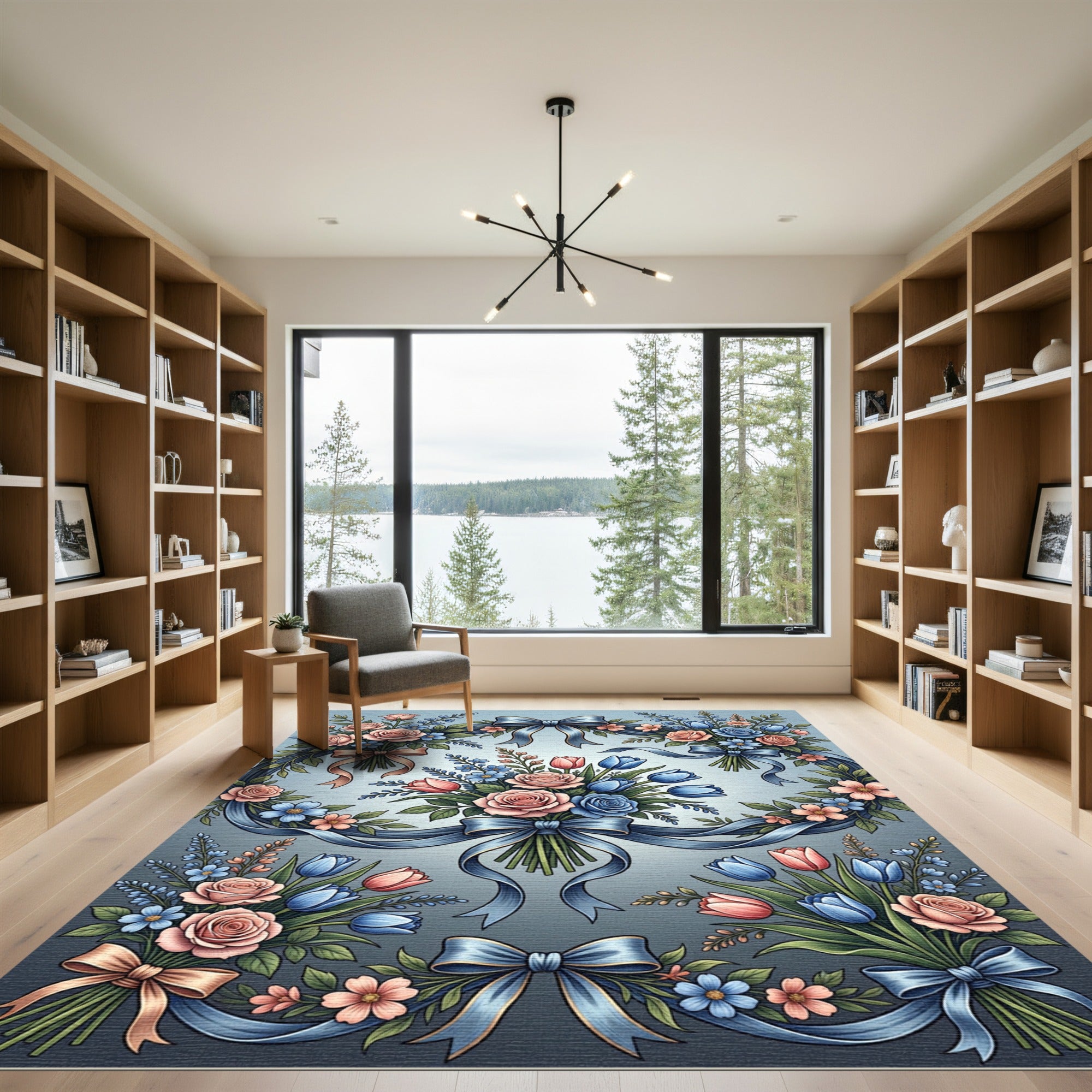 Elegant Rose and Tulip Ribbon Bouquet Rug