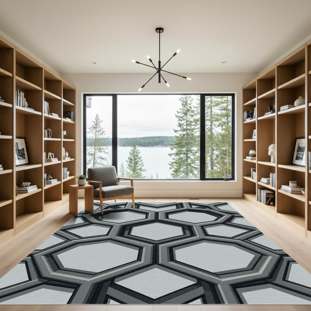 Modern Sophisticated Gray Geometric Hexagon Rug