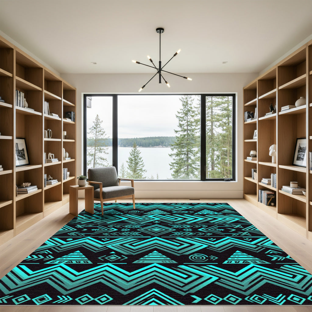 Cyan Neon Geometric Tribal Aztec Art Rug