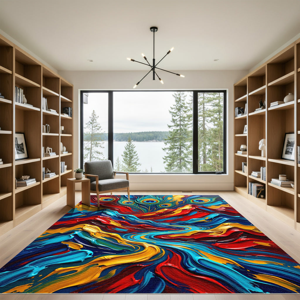Vibrant Peacock Feather Swirl Abstract Rug