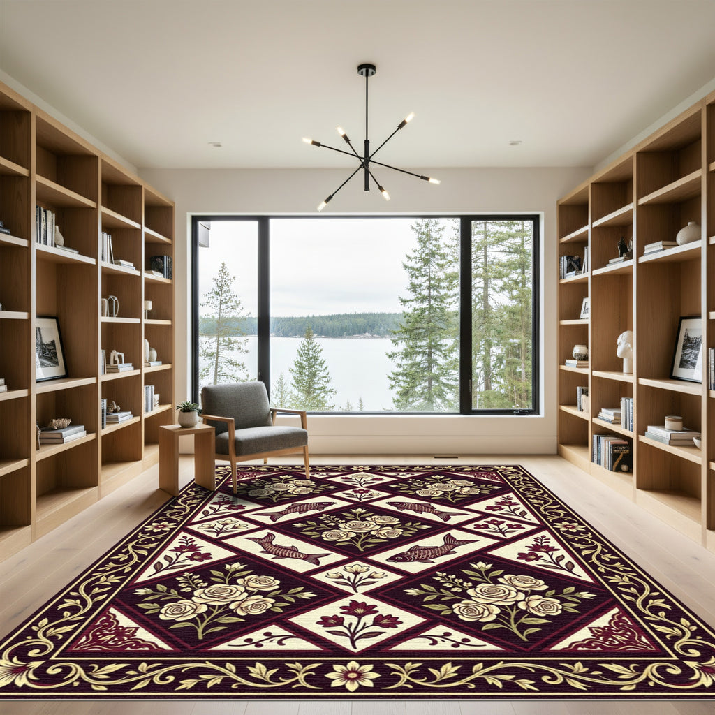Crimson Cream Floral Fish Medallion Rug