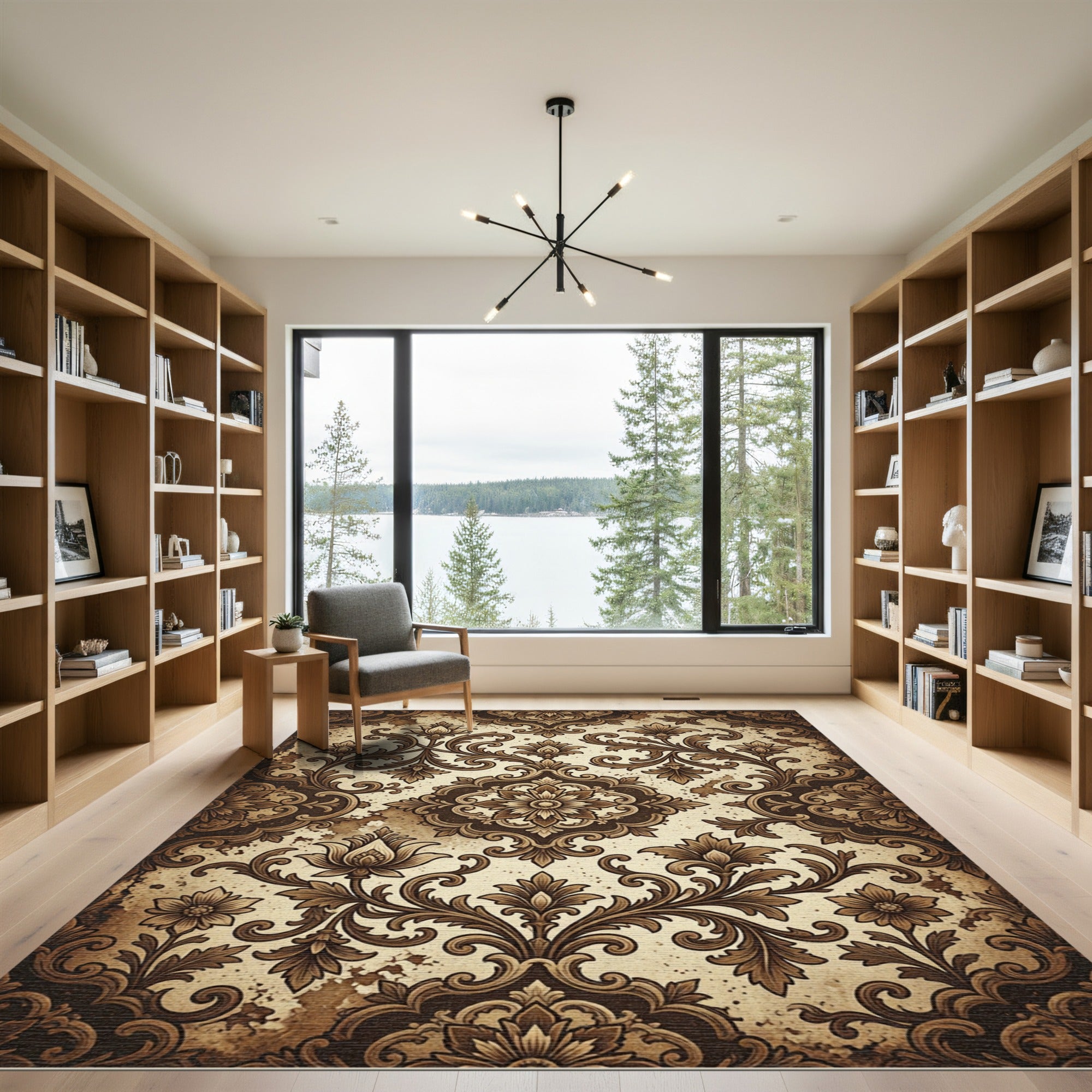 Vintage Brown Ornate Damask Scroll Rug