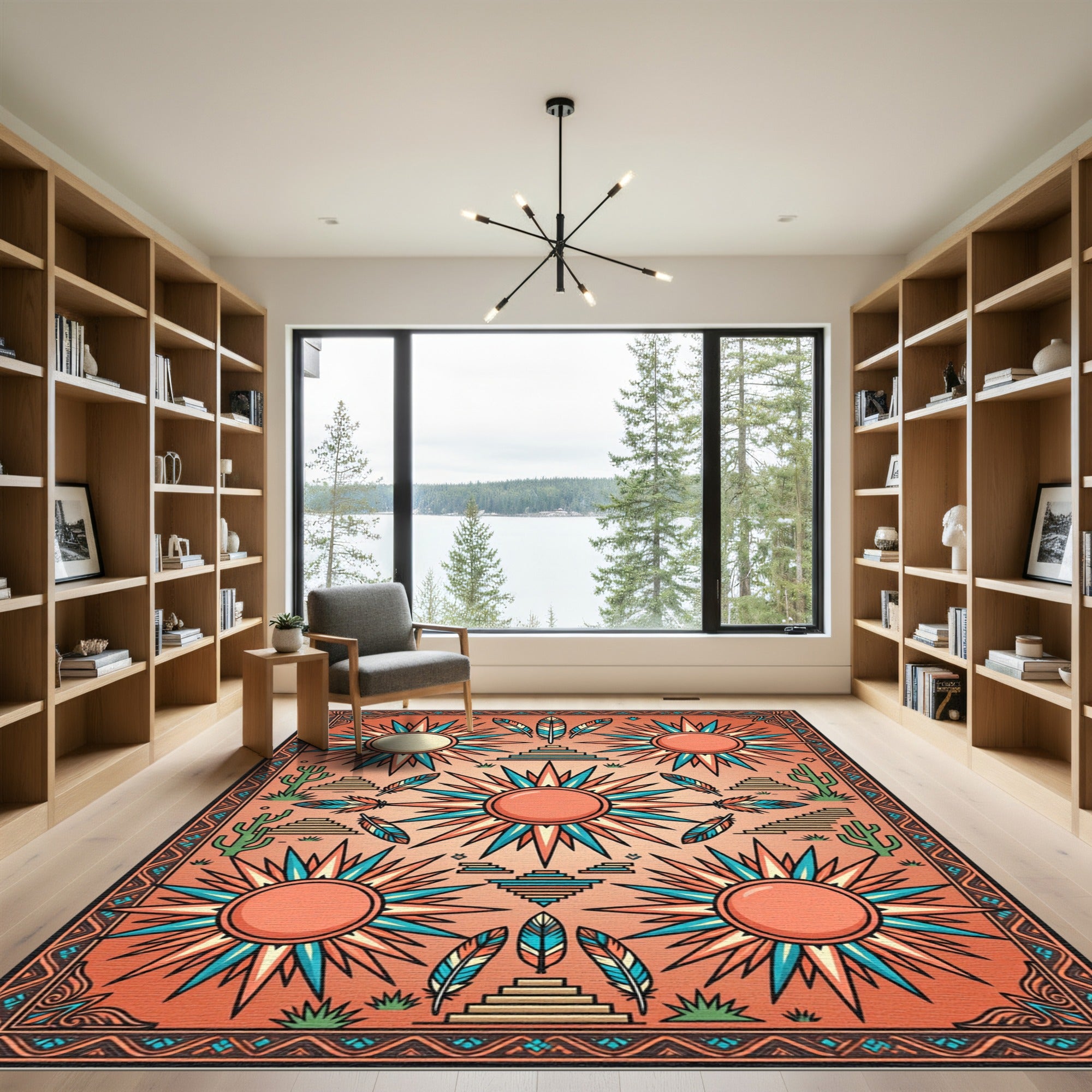 Coral Sunburst Feather Pyramid Composition Rug