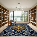 Elegant Gold Filigree Navy Damask Rug