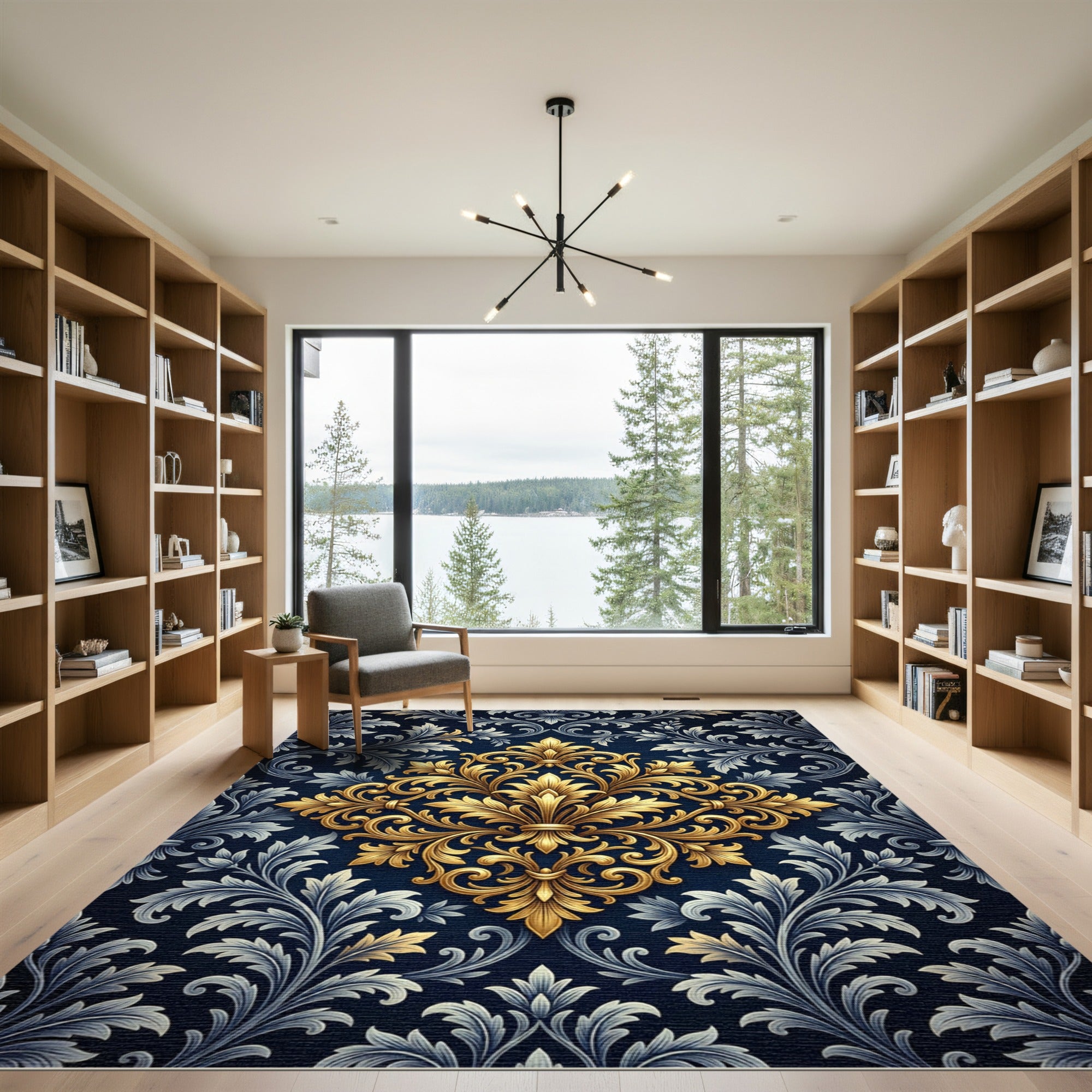 Elegant Gold Filigree Navy Damask Rug