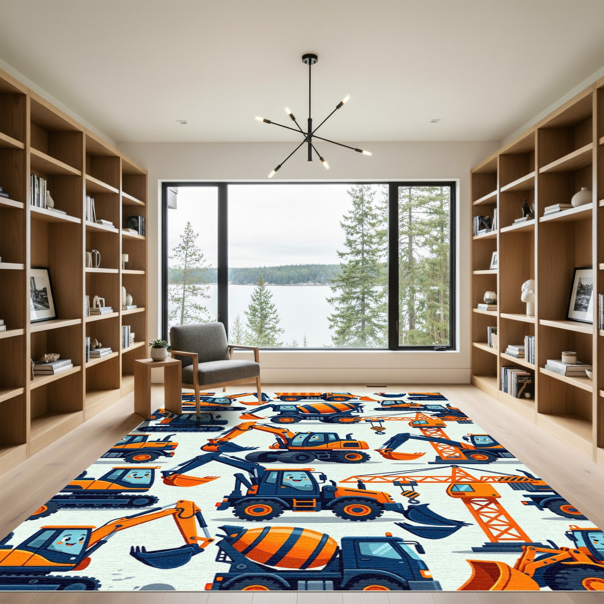 Playful Orange Cartoon Construction Vehicle Art Rug