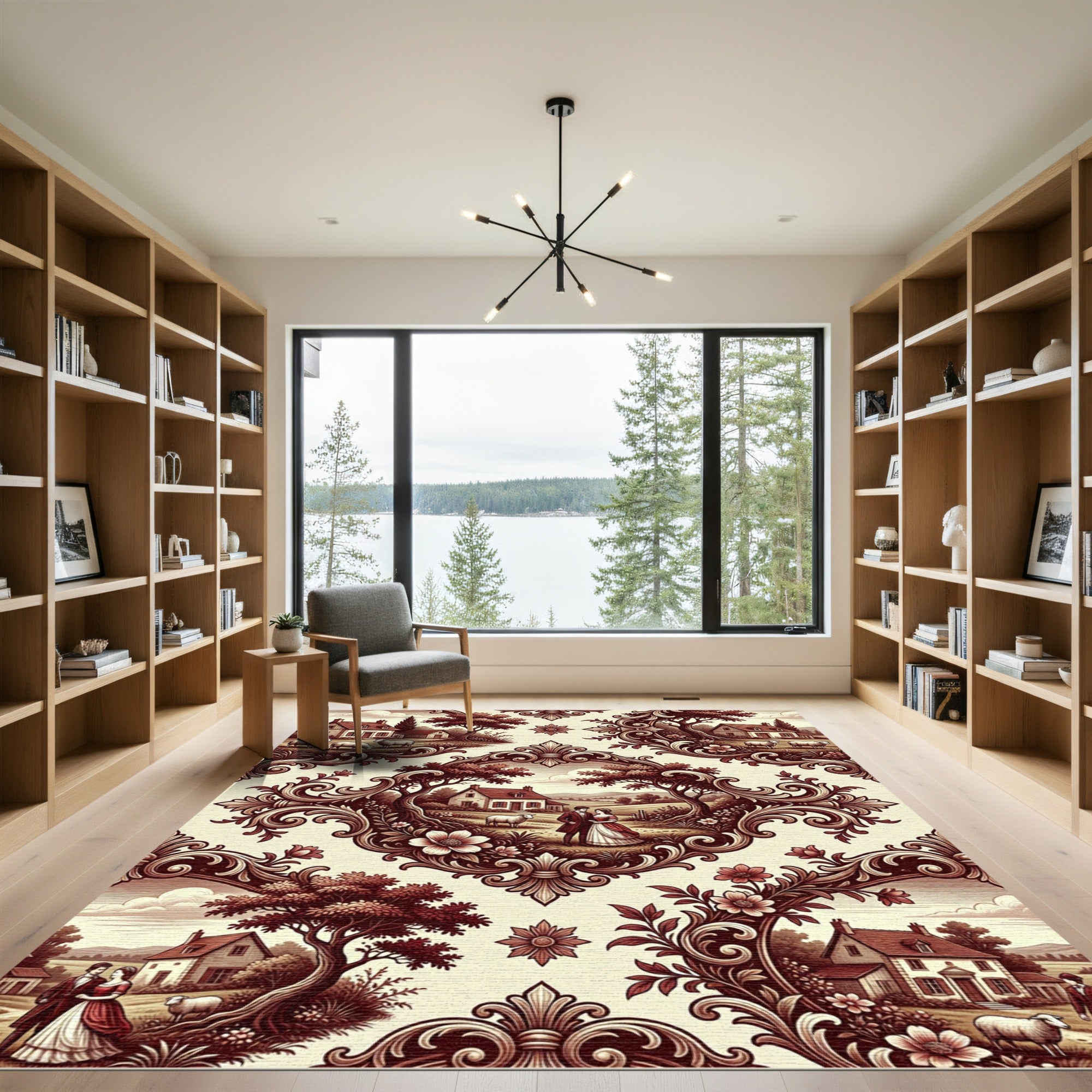 Ornate Red Countryside Estate Scene Rug