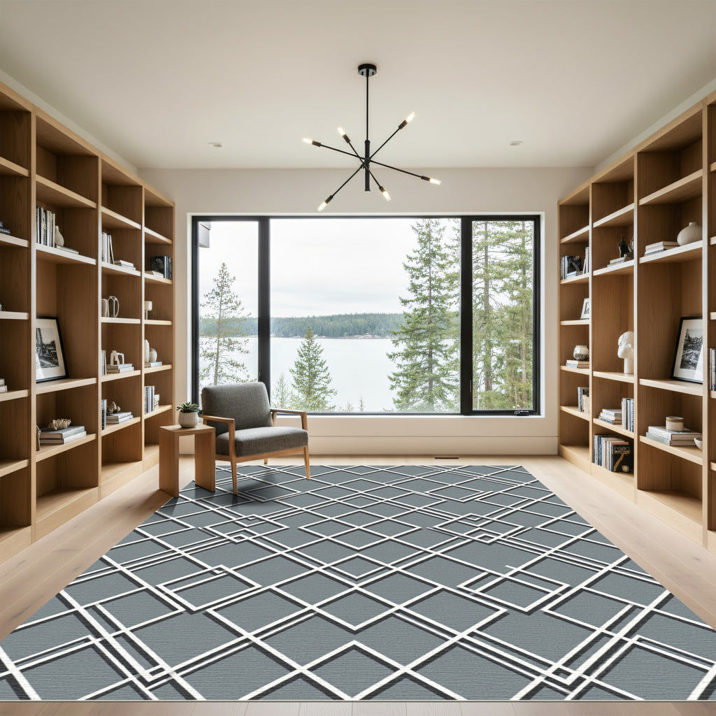 Sophisticated Charcoal Gray Interlocking Diamond Grid Rug