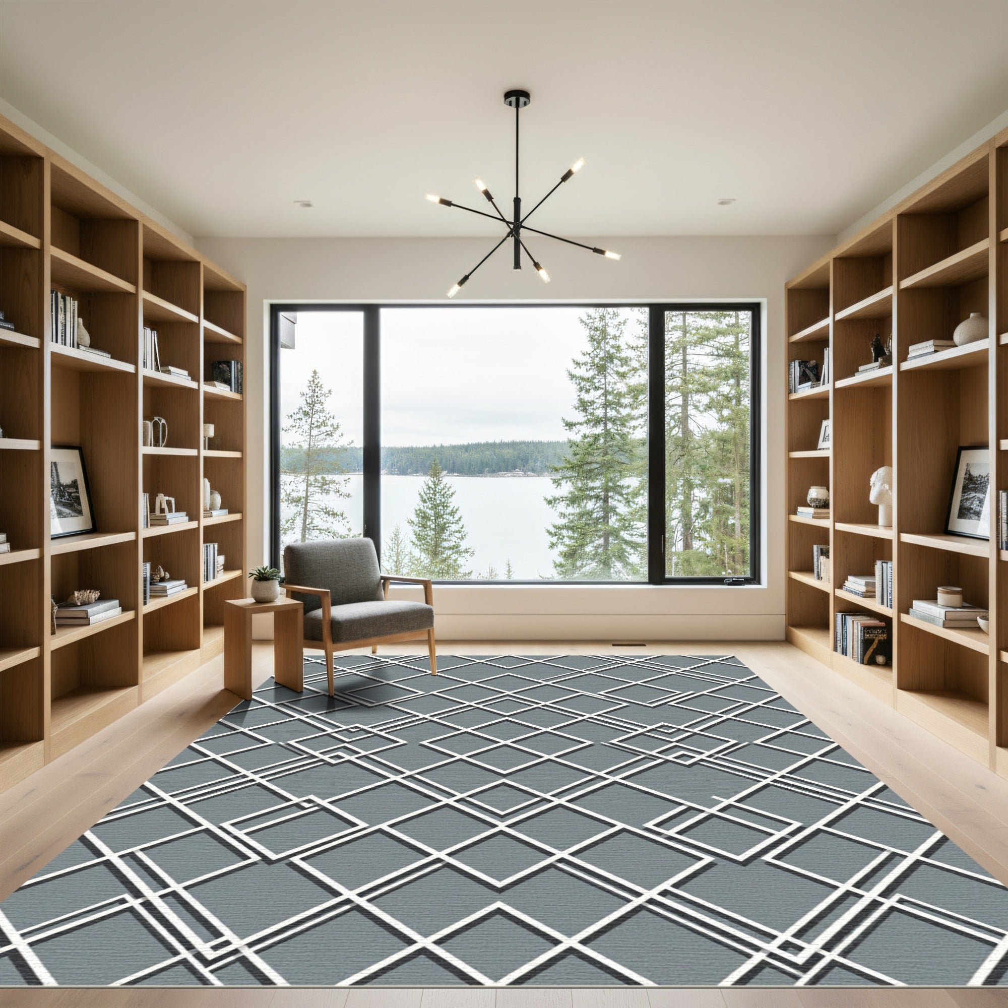 Sophisticated Charcoal Gray Interlocking Diamond Grid Rug