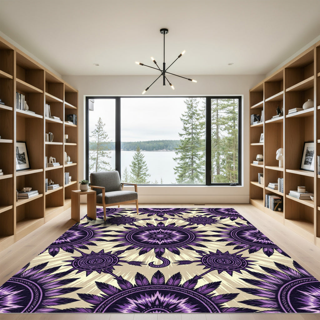 Purple Feathered Sunburst Tribal Medallion Rug