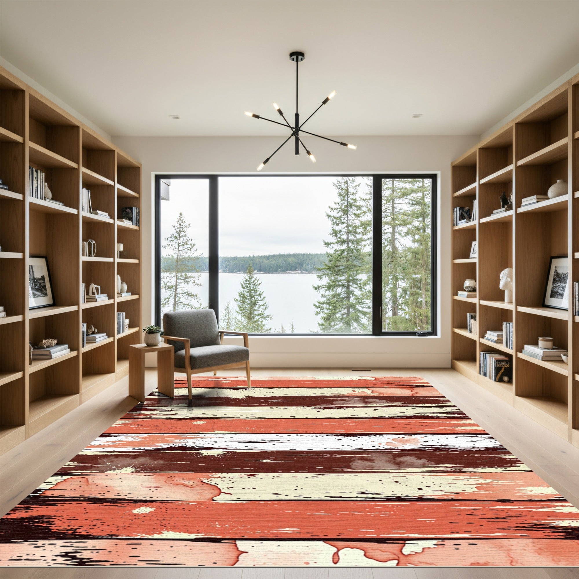 Coral Red Distressed Wood Stripes Rug