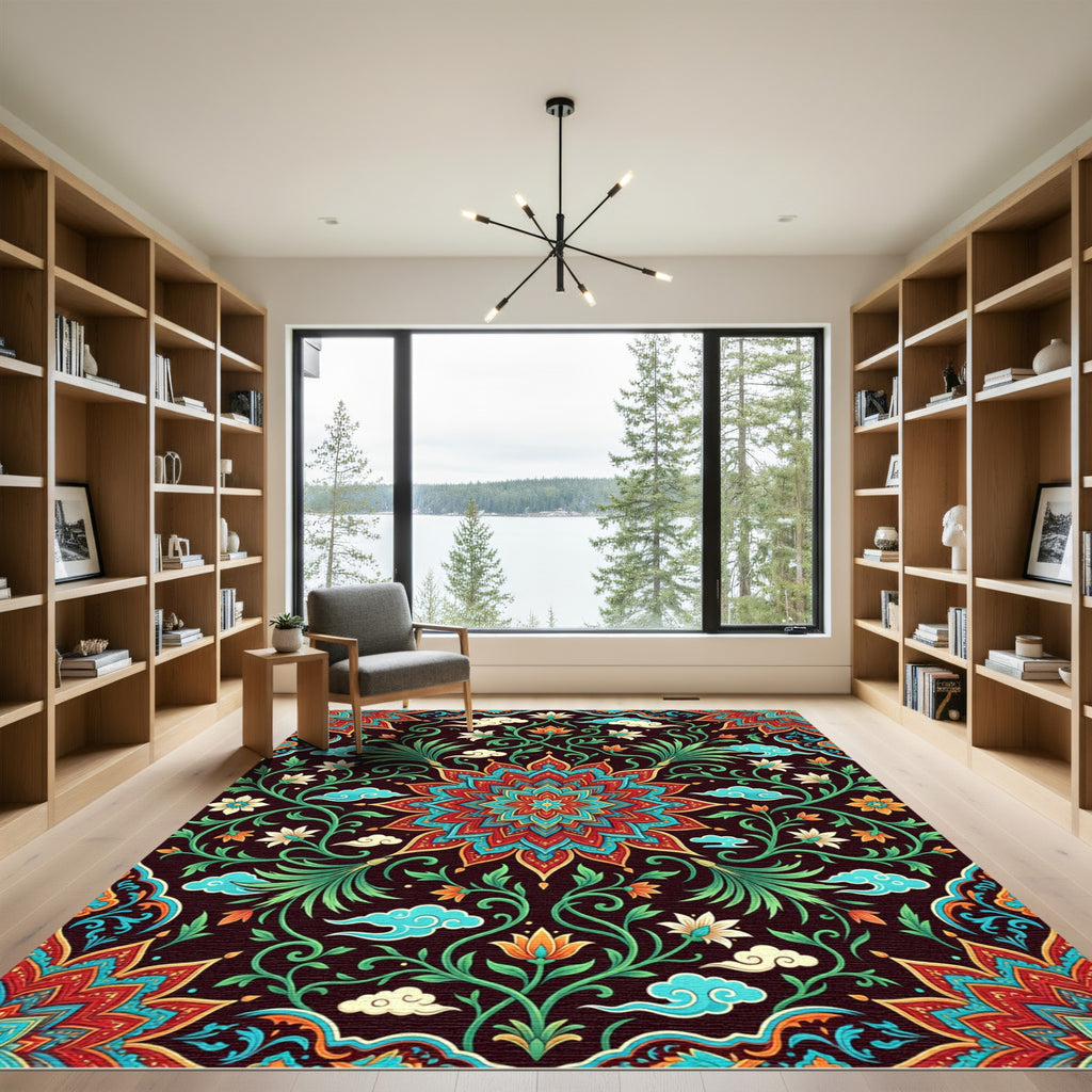 Vibrant Crimson Floral Medallion Cloud Art Rug